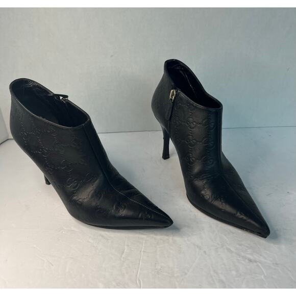 GUCCI Vintage Black Leather GG Monogram Logo Short Zip Stiletto Heel Bootie 5C W - Picture 2 of 12